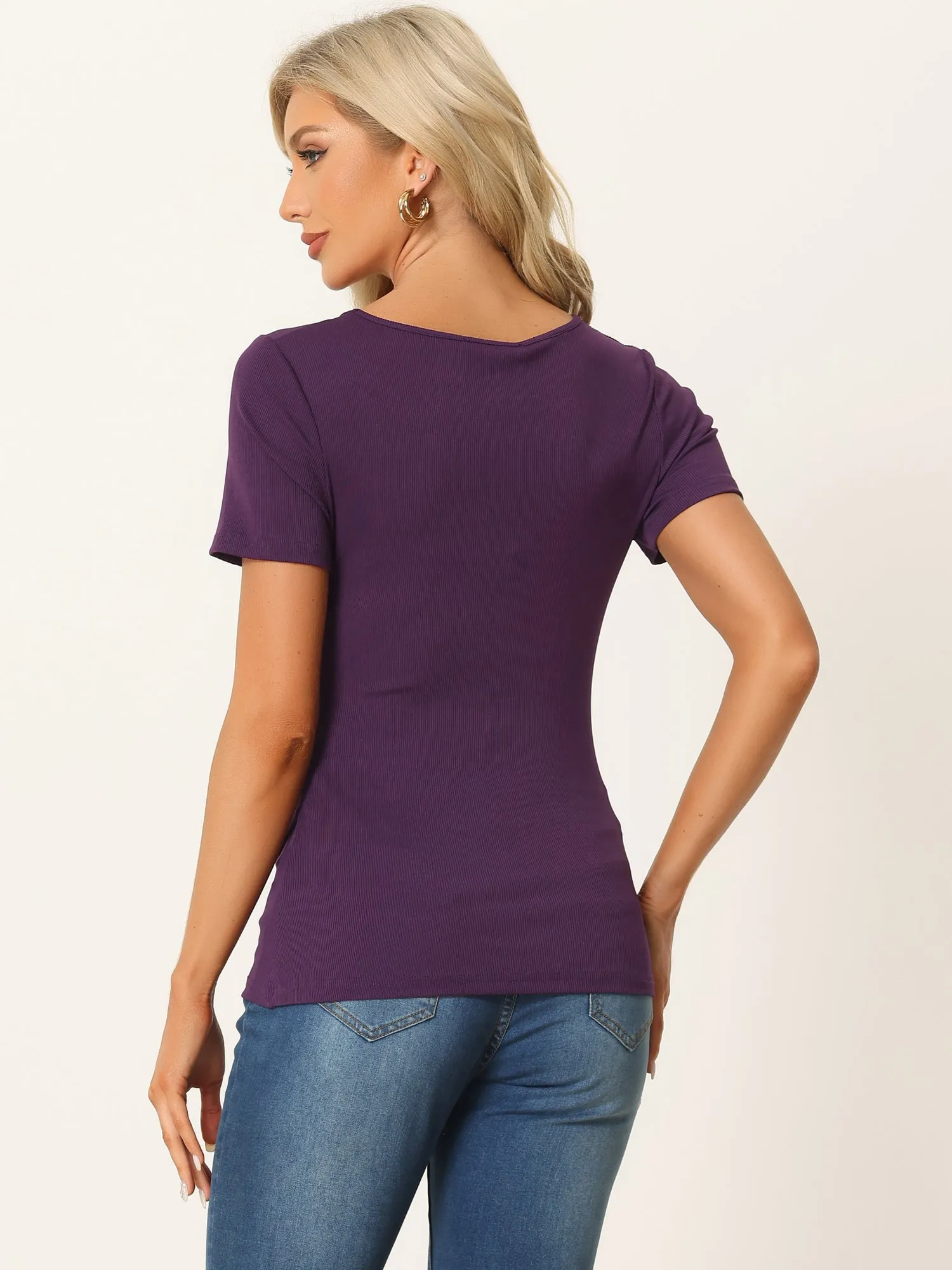 Knit Button Decor Short Sleeve Irregular Neck Ruched Side Blouse sold by Allegra K product image thumbnail 3