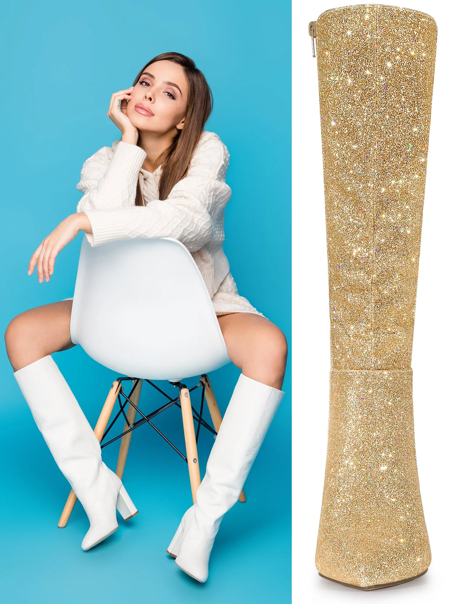 Sparkle Glitter Pointy Toe Stiletto Heel Knee High Boots sold by Allegra K product image thumbnail 3