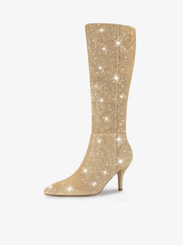 Sparkle Glitter Pointy Toe Stiletto Heel Knee High Boots made by Allegra K