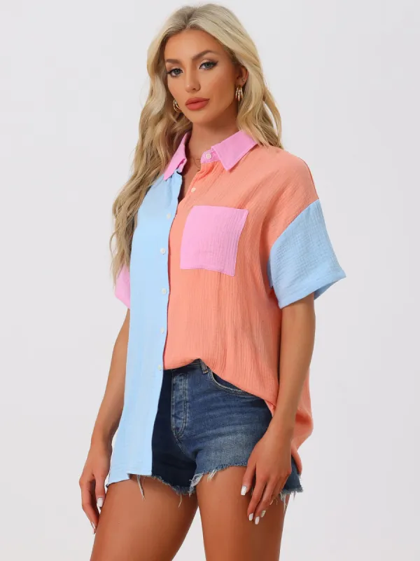 Colorblock Button Down Short Sleeves Textured Shirt Blouse sold by Allegra K