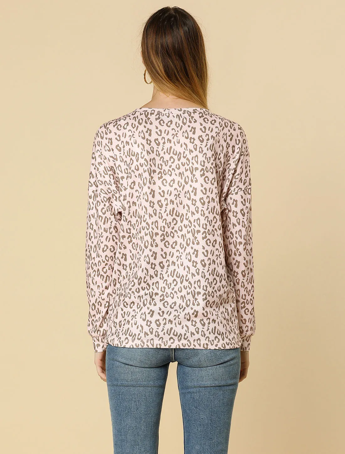 Leopard Print Drop Shoulder Boat Neck Long Sleeve Blouse sold by Allegra K product image thumbnail 5