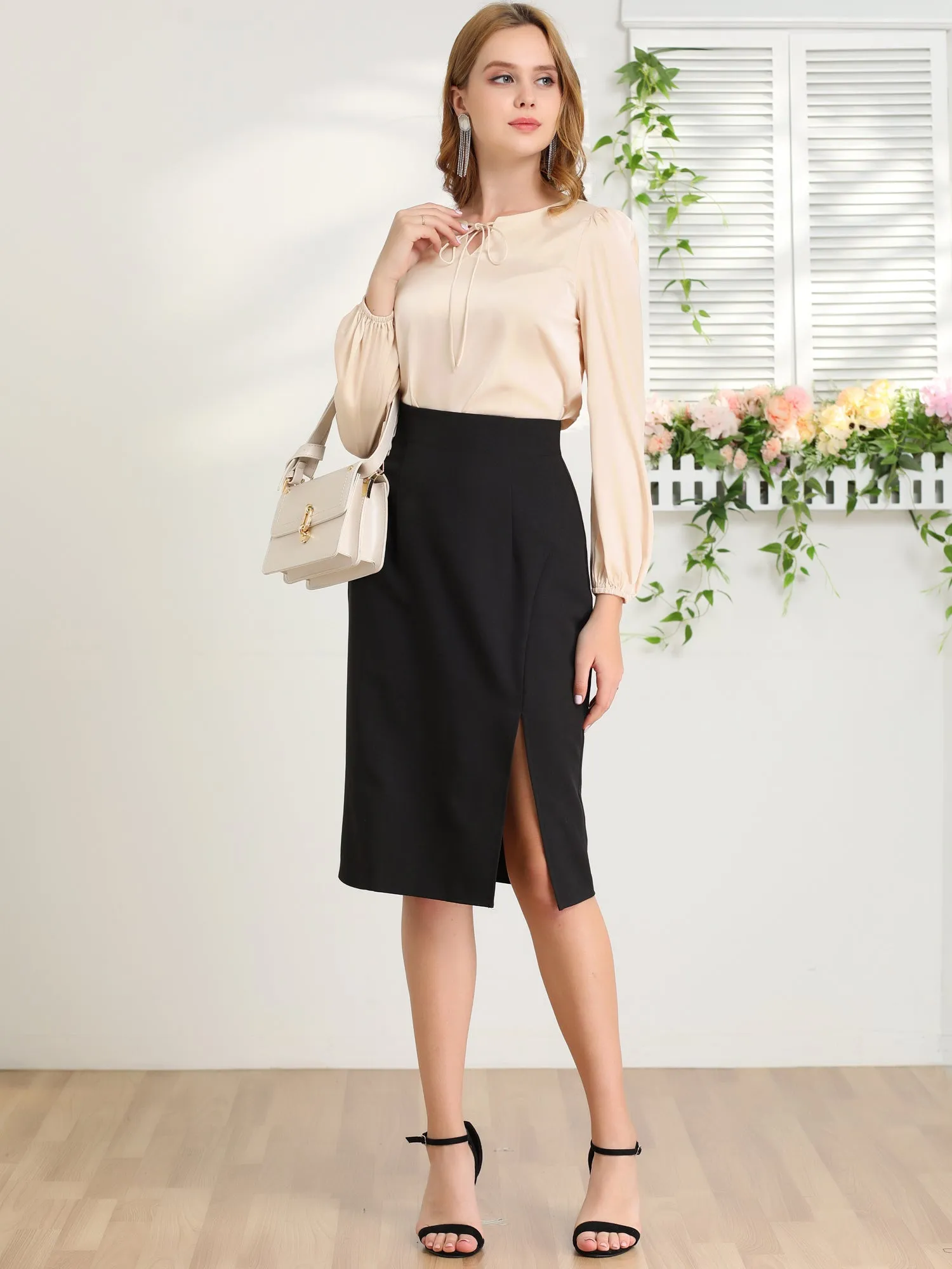 Work Office Shirt Tie V Neck Long Sleeve Elastic Cuff Satin Blouse sold by Allegra K product image thumbnail 2