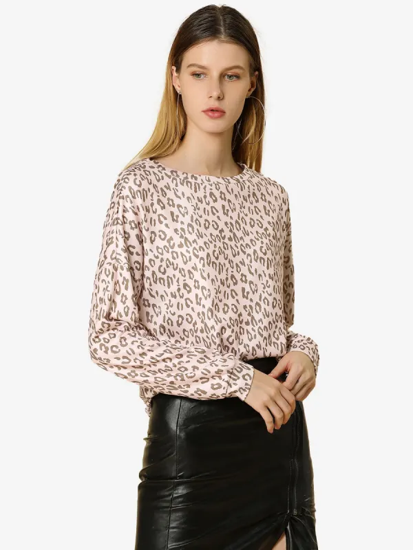 Leopard Print Drop Shoulder Boat Neck Long Sleeve Blouse sold by Allegra K
