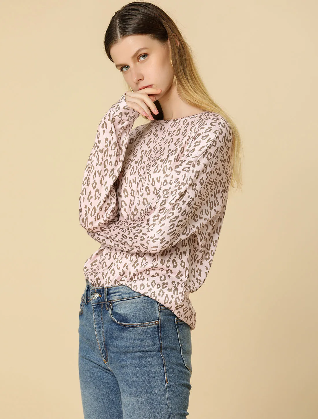 Leopard Print Drop Shoulder Boat Neck Long Sleeve Blouse sold by Allegra K product image thumbnail 4