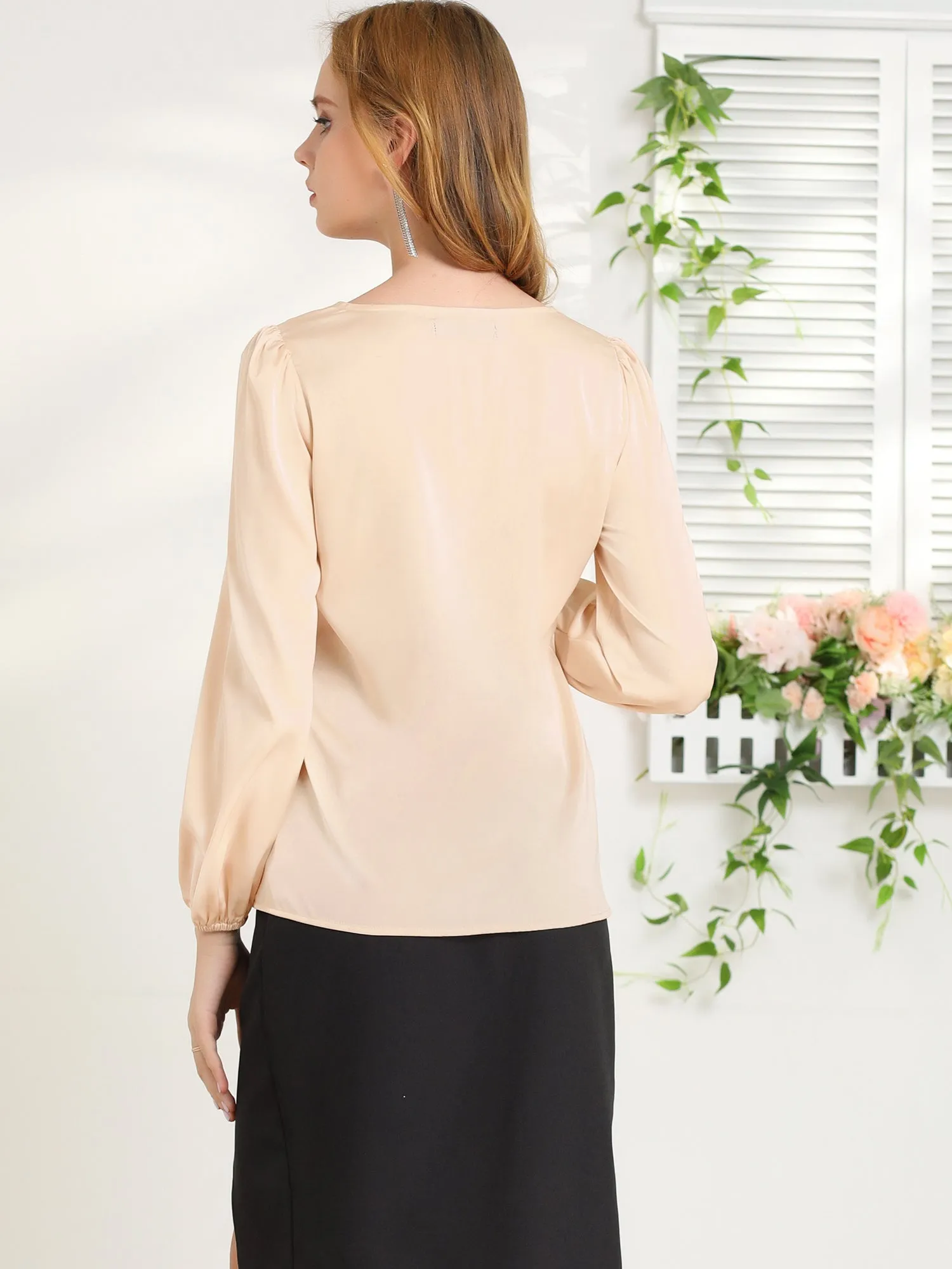 Work Office Shirt Tie V Neck Long Sleeve Elastic Cuff Satin Blouse sold by Allegra K product image thumbnail 5