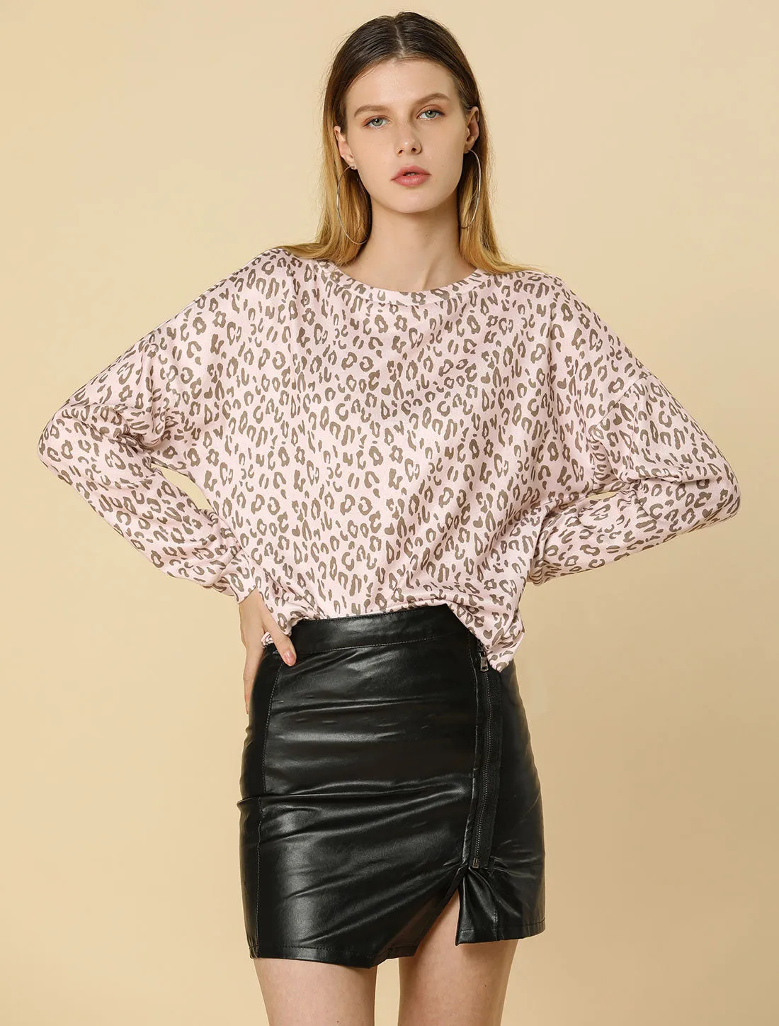 Leopard Print Drop Shoulder Boat Neck Long Sleeve Blouse sold by Allegra K product image thumbnail 3