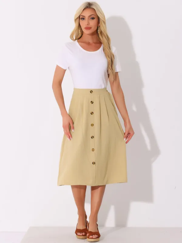 Button Decor Pleated A-Line Pockets Midi Skirt sold by Allegra K