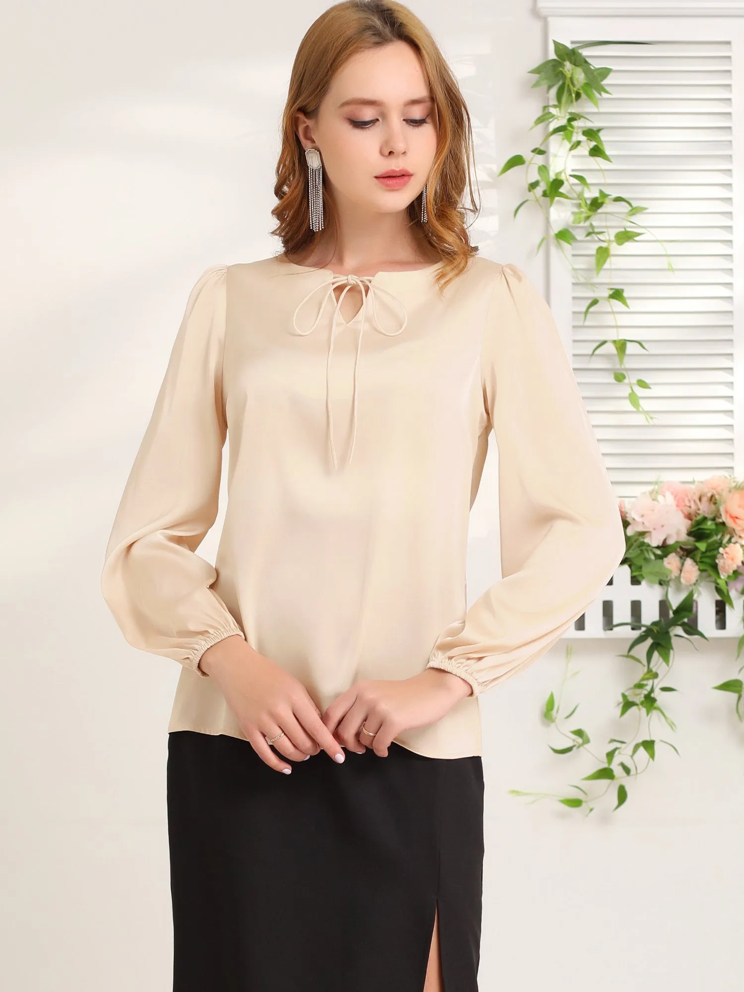 Work Office Shirt Tie V Neck Long Sleeve Elastic Cuff Satin Blouse sold by Allegra K product image thumbnail 4