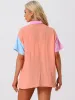 Colorblock Button Down Short Sleeves Textured Shirt Blouse sold by Allegra K