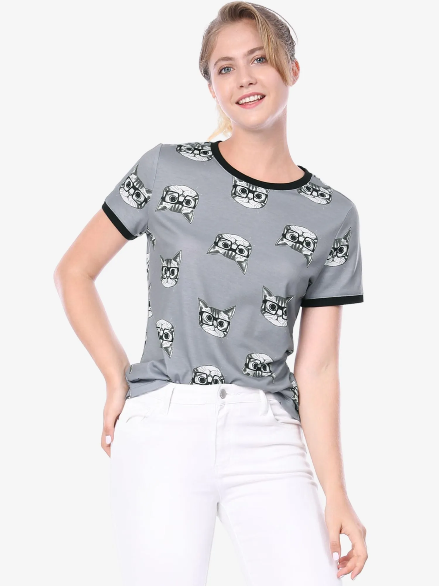 Cat Contrast Cartoon Pet Print Tee Ringer Casual Summer T-shirt Tops sold by Allegra K