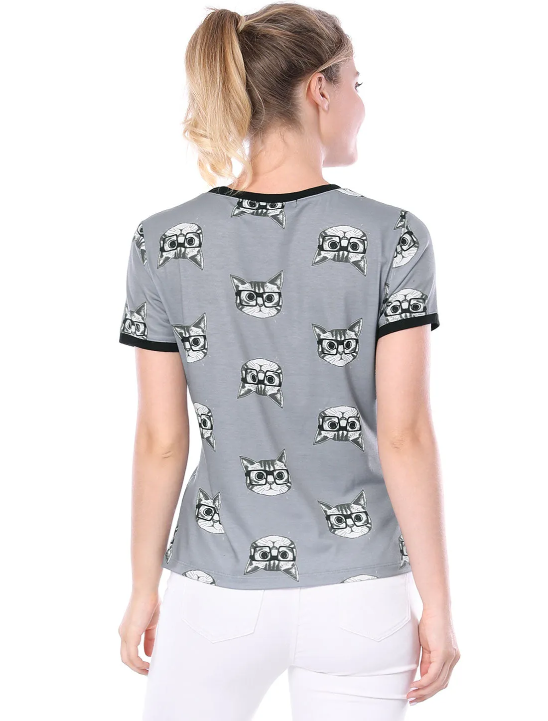Cat Contrast Cartoon Pet Print Tee Ringer Casual Summer T-shirt Tops sold by Allegra K product image thumbnail 4