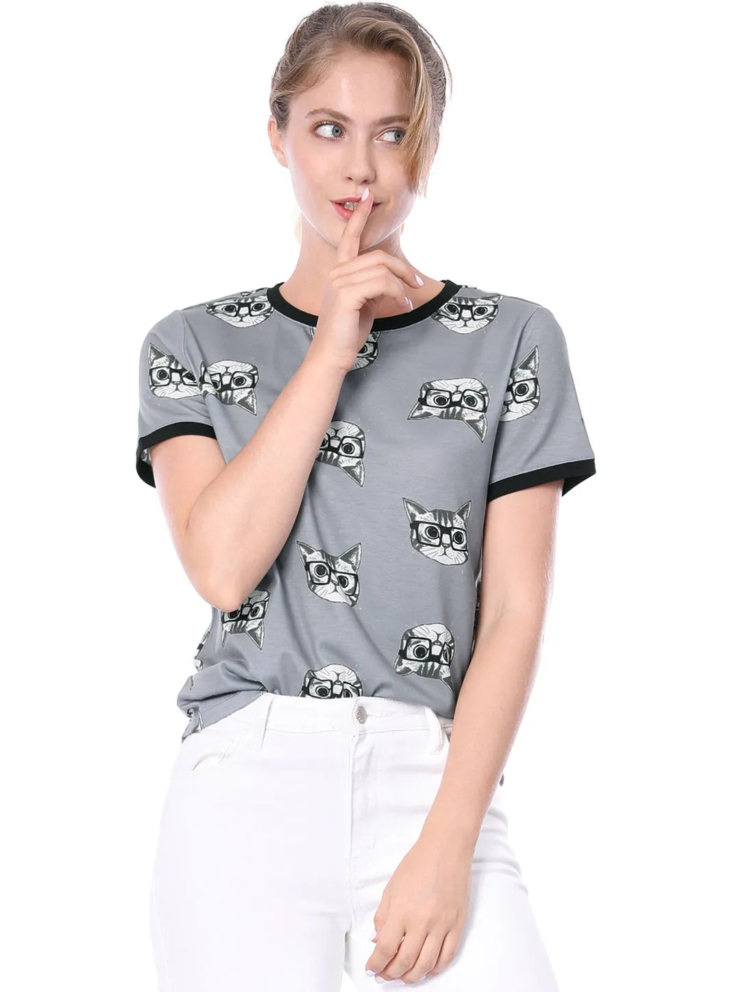 Cat Contrast Cartoon Pet Print Tee Ringer Casual Summer T-shirt Tops sold by Allegra K product image thumbnail 5