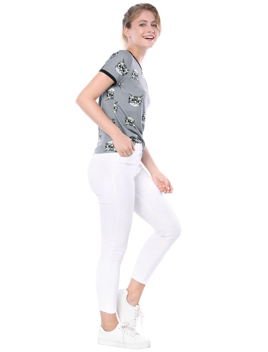 Cat Contrast Cartoon Pet Print Tee Ringer Casual Summer T-shirt Tops sold by Allegra K product image thumbnail 3