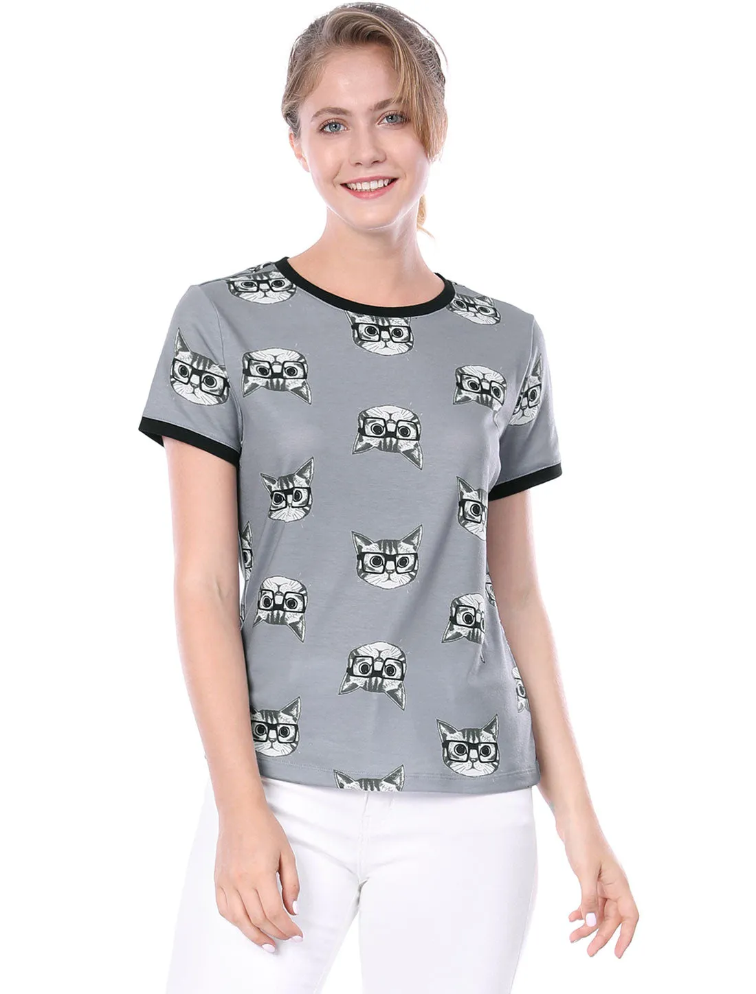 Cat Contrast Cartoon Pet Print Tee Ringer Casual Summer T-shirt Tops sold by Allegra K product image thumbnail 2