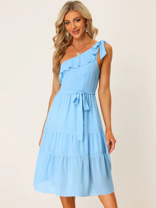 Summer Ruffled Flowy Tiered Chiffon Sleeveless One Shoulder Dress Sundress sold by Allegra K
