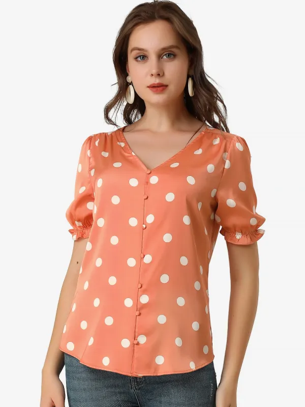 Summer V Neck Polka Dots Button Front Short Sleeve Satin Blouse Top sold by Allegra K