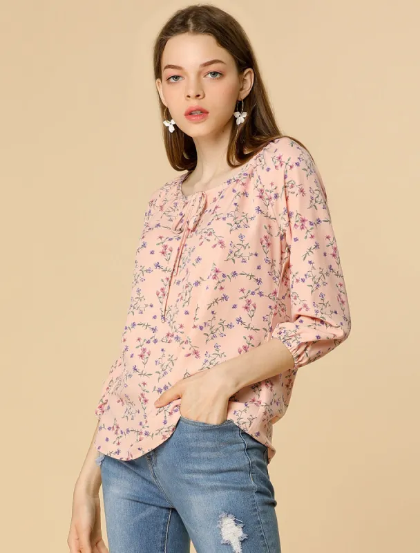 Bow Tie Neck 3/4 Raglan Sleeve Floral Blouse Tops sold by Allegra K