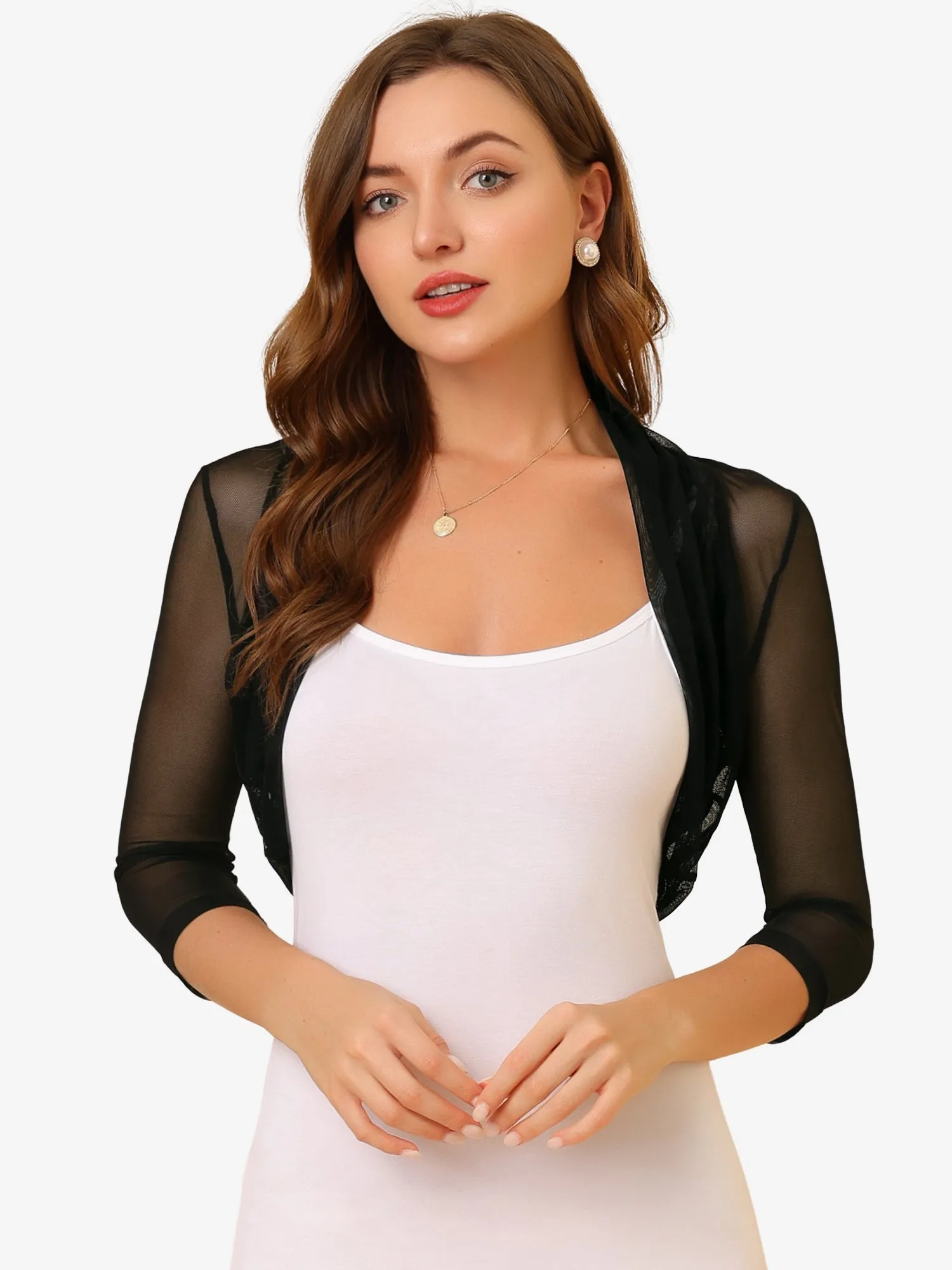 Semi Sheer Mesh Elegant 3/4 Sleeve Stretchy Cropped Bolero Shrugs sold by Allegra K