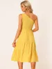 One Shoulder Sleeveless Smocked High Waist Flowy Tiered Midi Dress Sundress sold by Allegra K