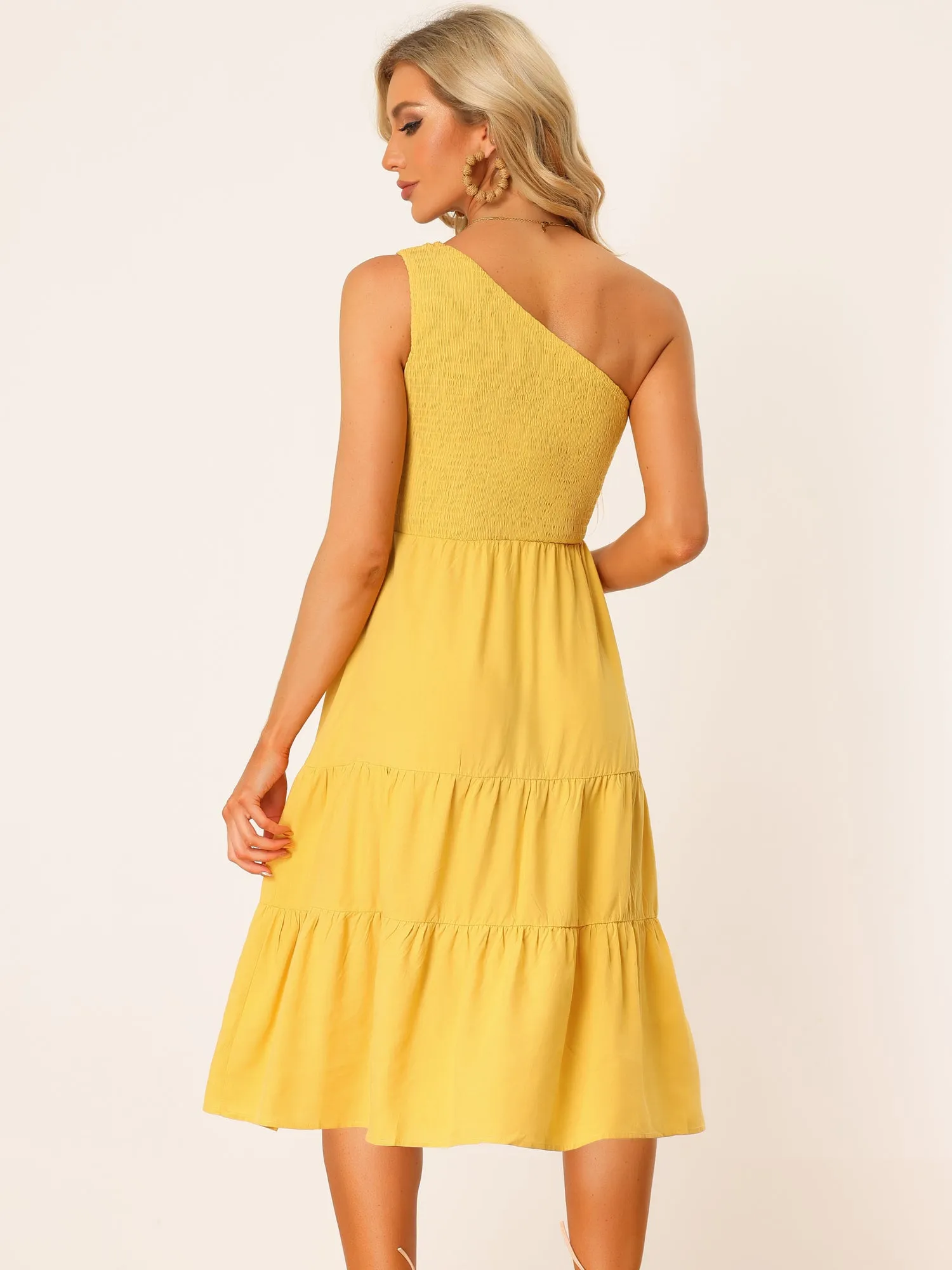 One Shoulder Sleeveless Smocked High Waist Flowy Tiered Midi Dress Sundress sold by Allegra K product image thumbnail 3