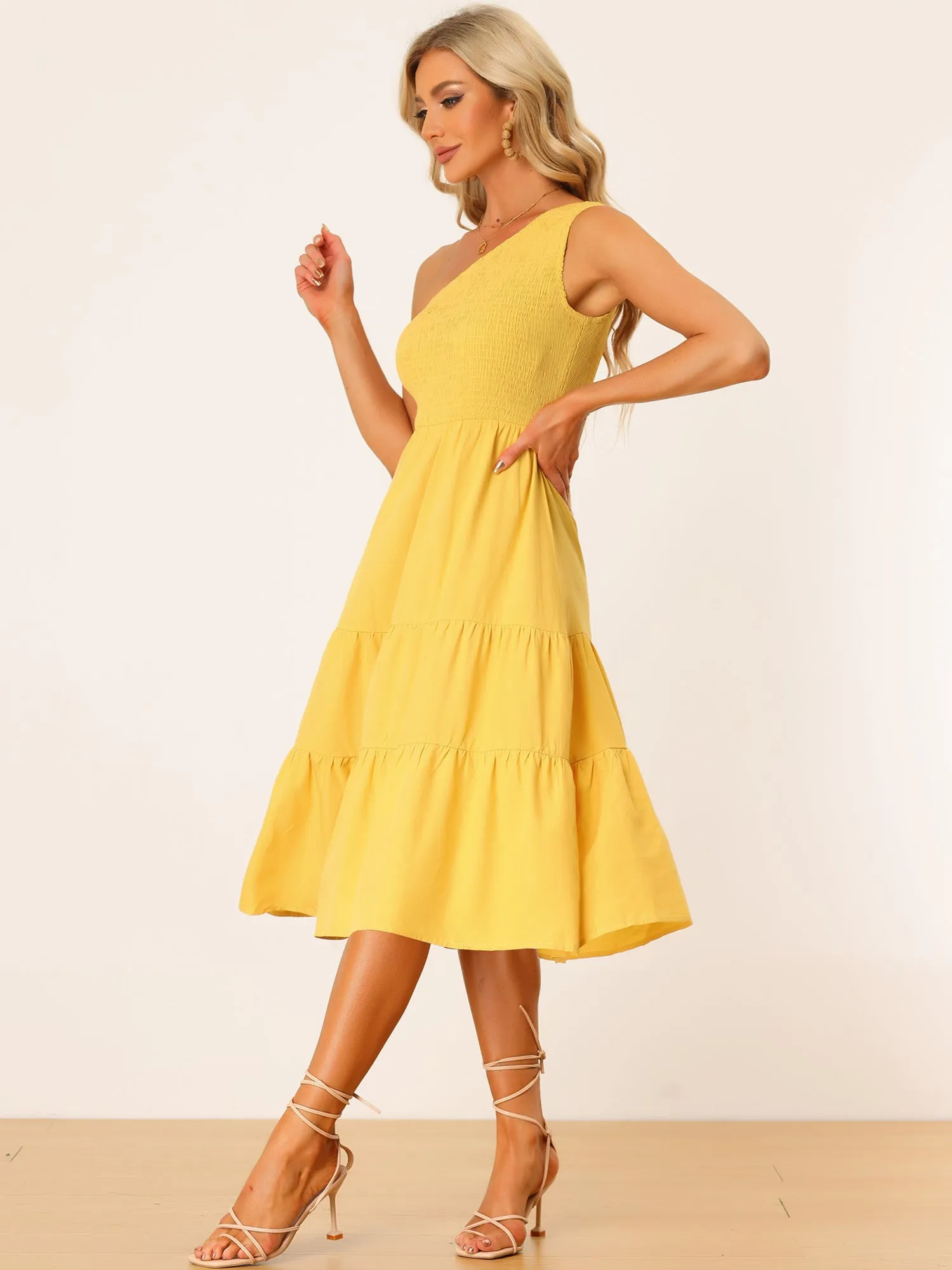 One Shoulder Sleeveless Smocked High Waist Flowy Tiered Midi Dress Sundress sold by Allegra K product image thumbnail 2