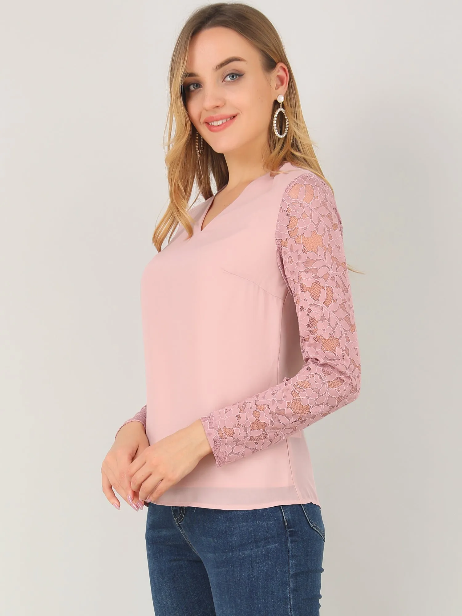 Chiffon V Neck Top Casual Relax Lace Sleeve Blouse sold by Allegra K product image thumbnail 3