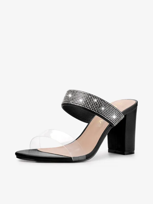 Women's Rhinestones Heel Dual Clear Strap Chunky Heels Slide Sandals sold by Allegra K