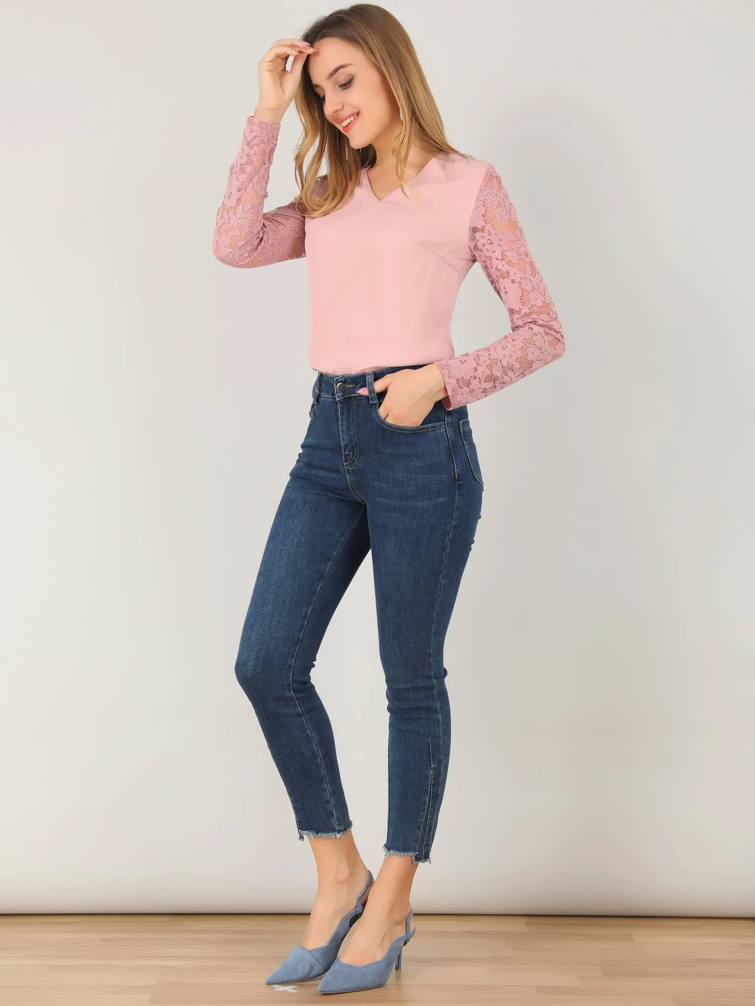 Chiffon V Neck Top Casual Relax Lace Sleeve Blouse sold by Allegra K