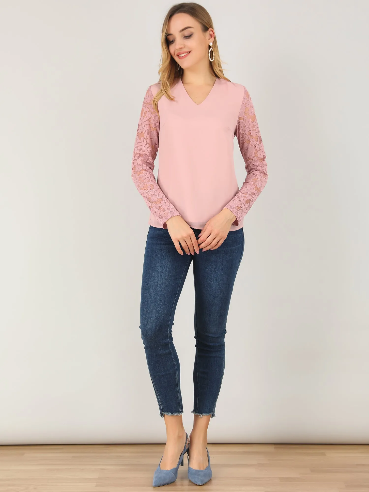 Chiffon V Neck Top Casual Relax Lace Sleeve Blouse sold by Allegra K product image thumbnail 2
