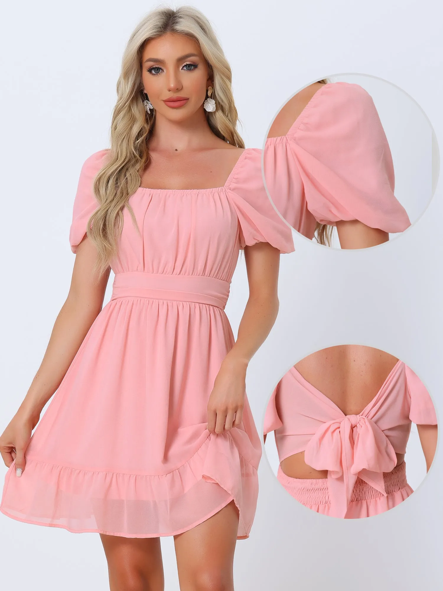 Square Neck Puff Short Sleeves Backless Party Mini Dress sold by Allegra K product image thumbnail 2