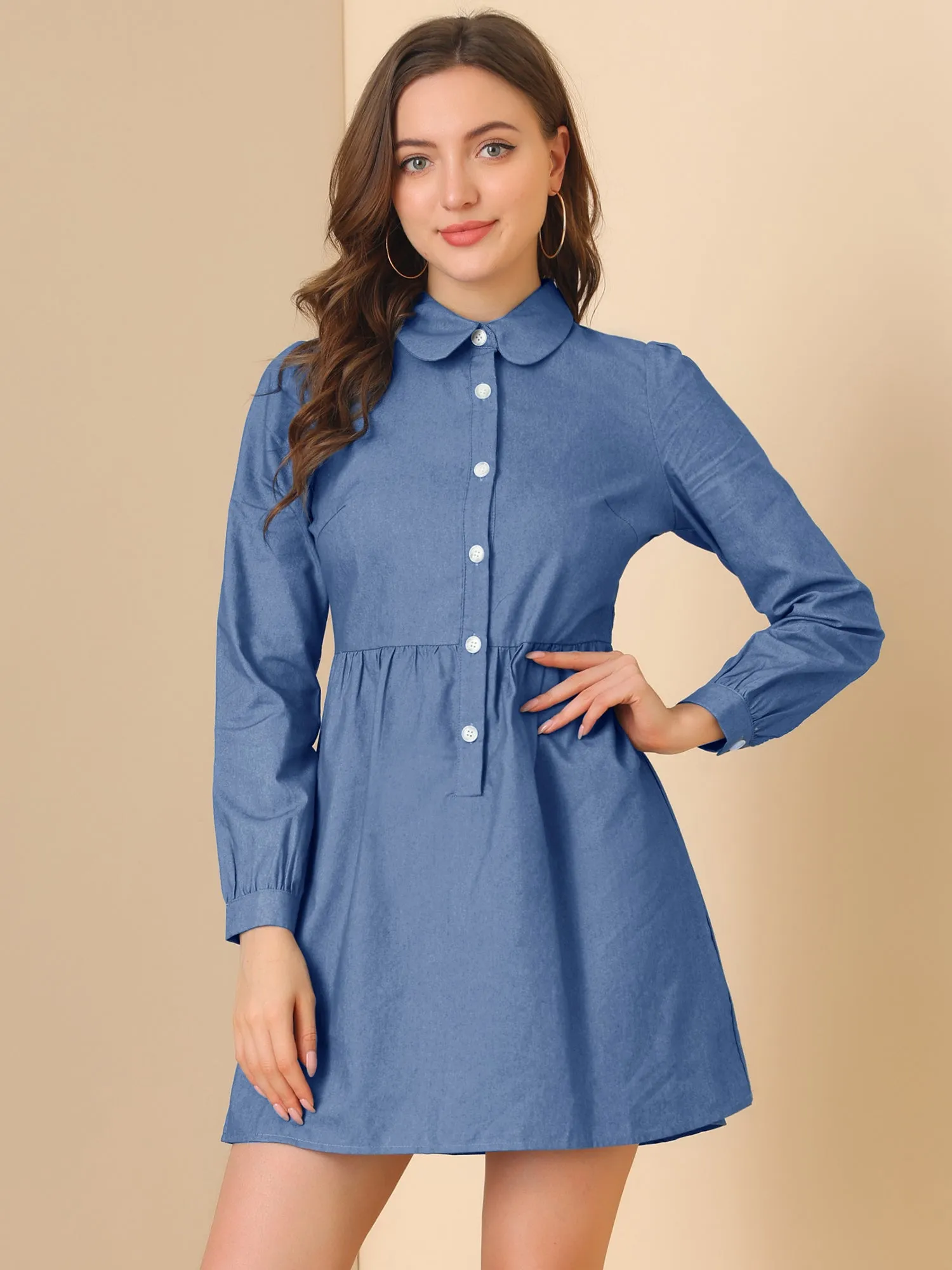 Peter Pan Collar Long Sleeve Button Down Chambray Denim Shirt Dress sold by Allegra K product image thumbnail 4