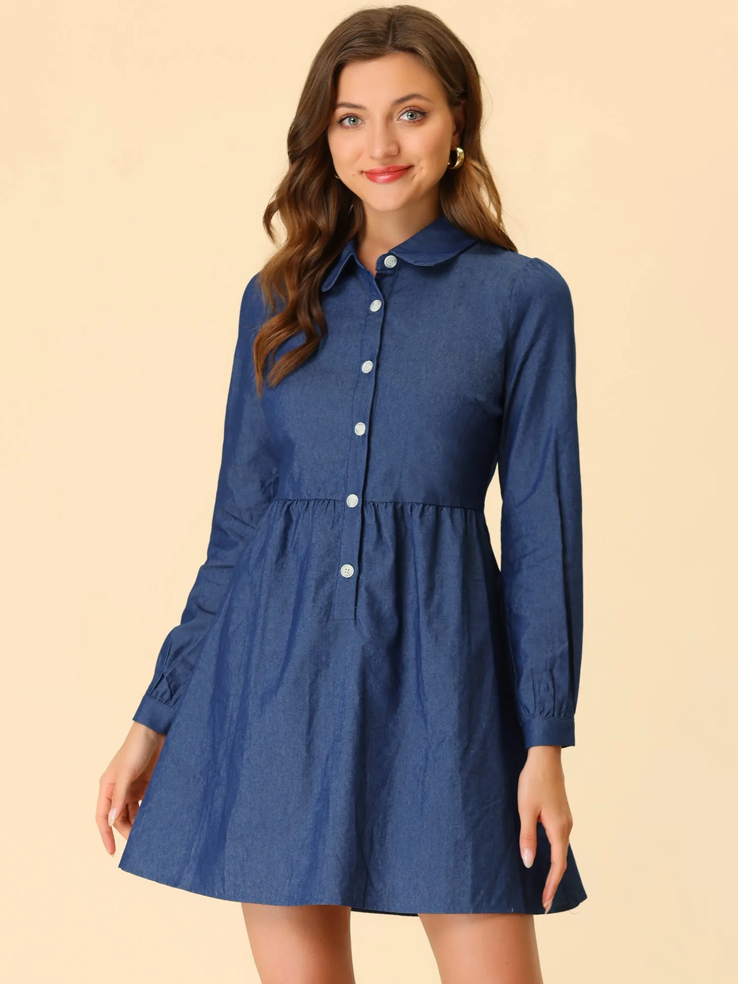 Peter Pan Collar Long Sleeve Button Down Chambray Denim Shirt Dress sold by Allegra K product image thumbnail 3