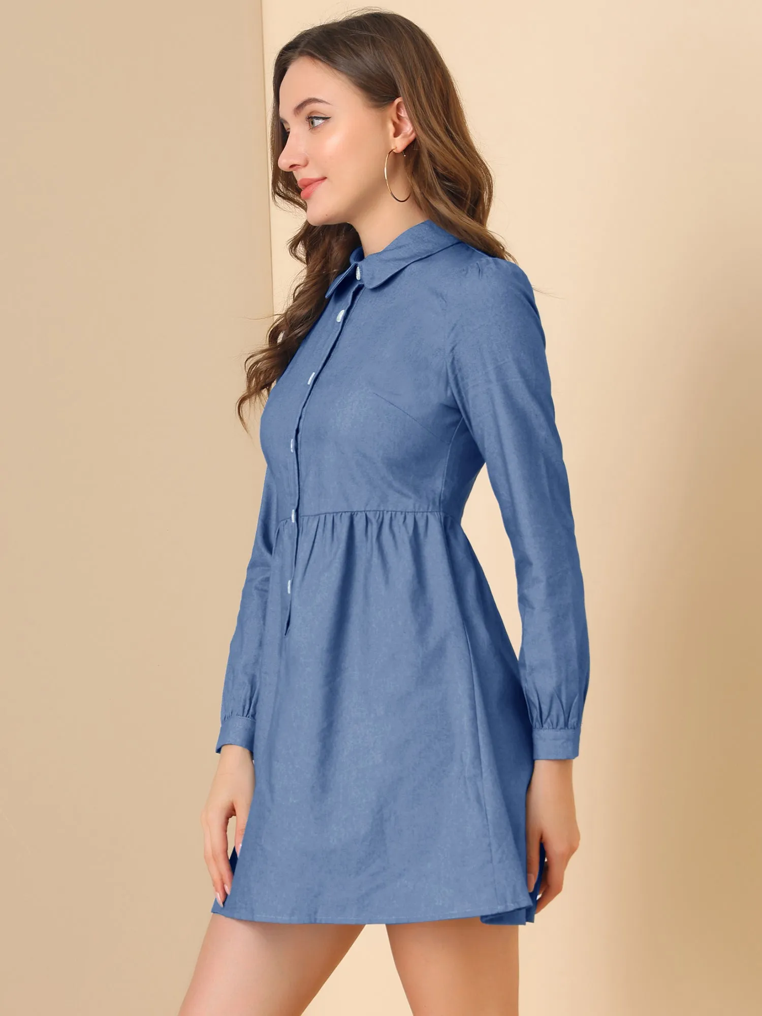 Peter Pan Collar Long Sleeve Button Down Chambray Denim Shirt Dress sold by Allegra K