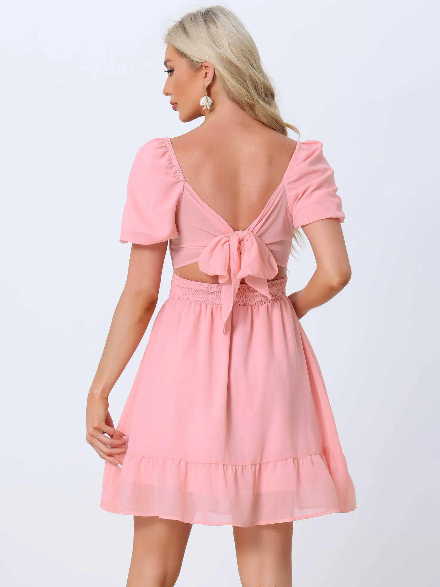 Square Neck Puff Short Sleeves Backless Party Mini Dress sold by Allegra K product image thumbnail 3
