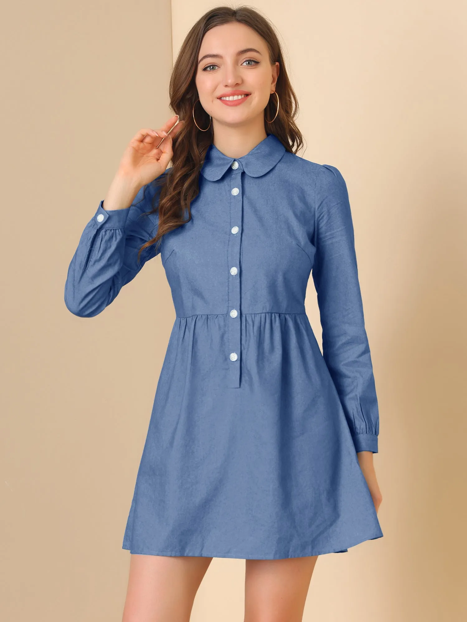 Peter Pan Collar Long Sleeve Button Down Chambray Denim Shirt Dress sold by Allegra K product image thumbnail 2