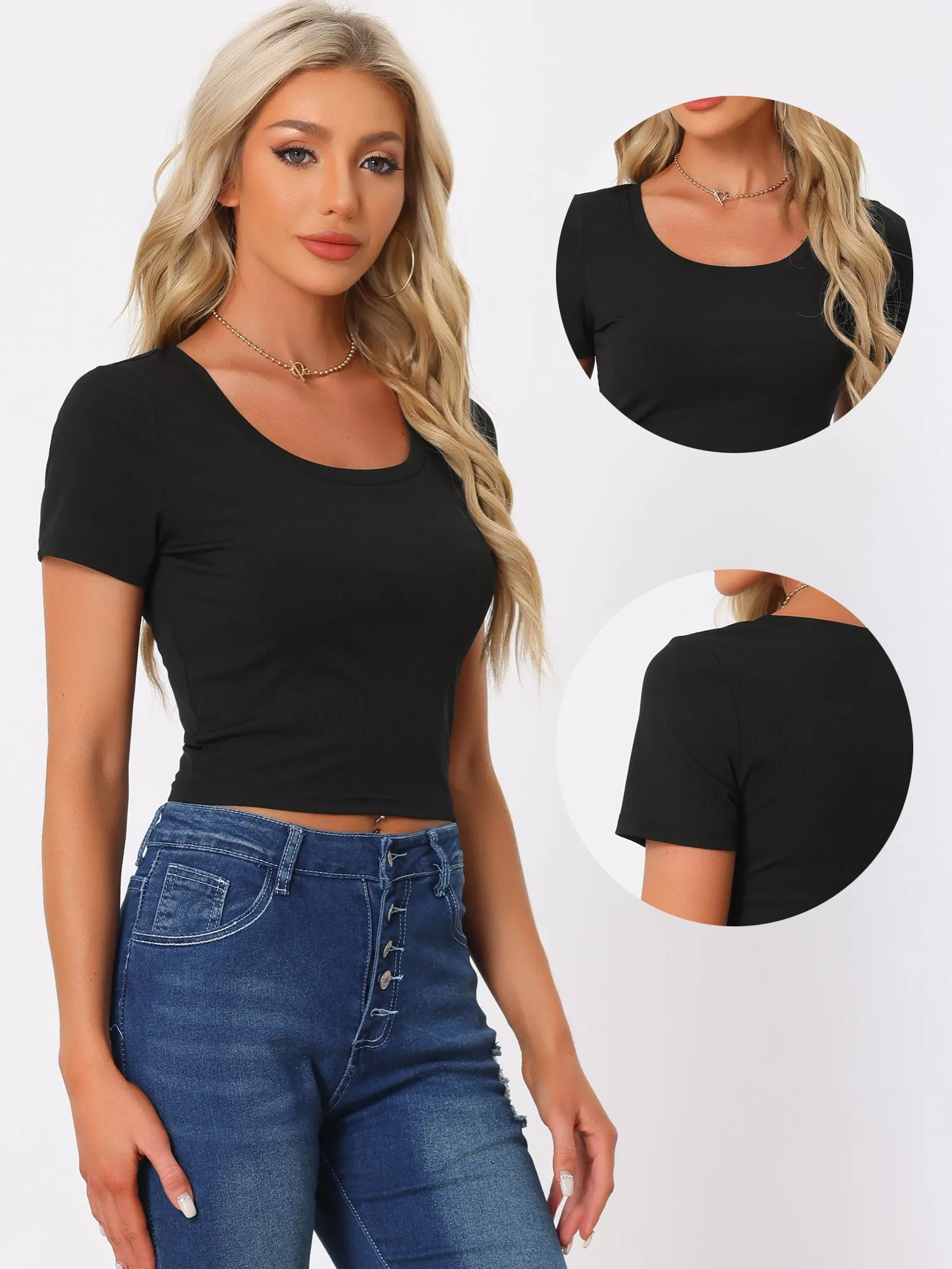 Basic Scoop Neck Short Sleeve Knit T-Shirt Crop Tops sold by Allegra K product image thumbnail 2