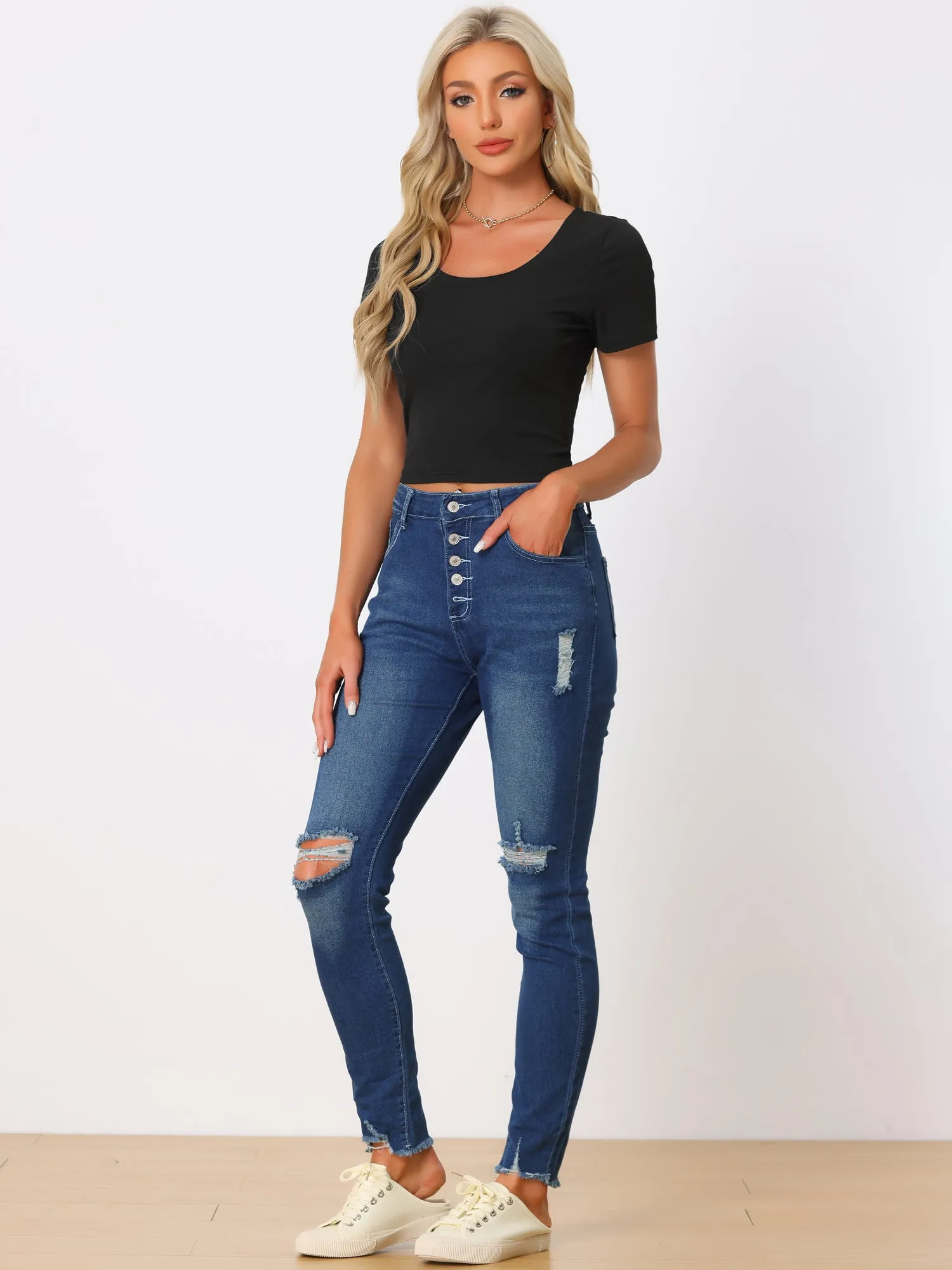 Basic Scoop Neck Short Sleeve Knit T-Shirt Crop Tops sold by Allegra K product image thumbnail 4