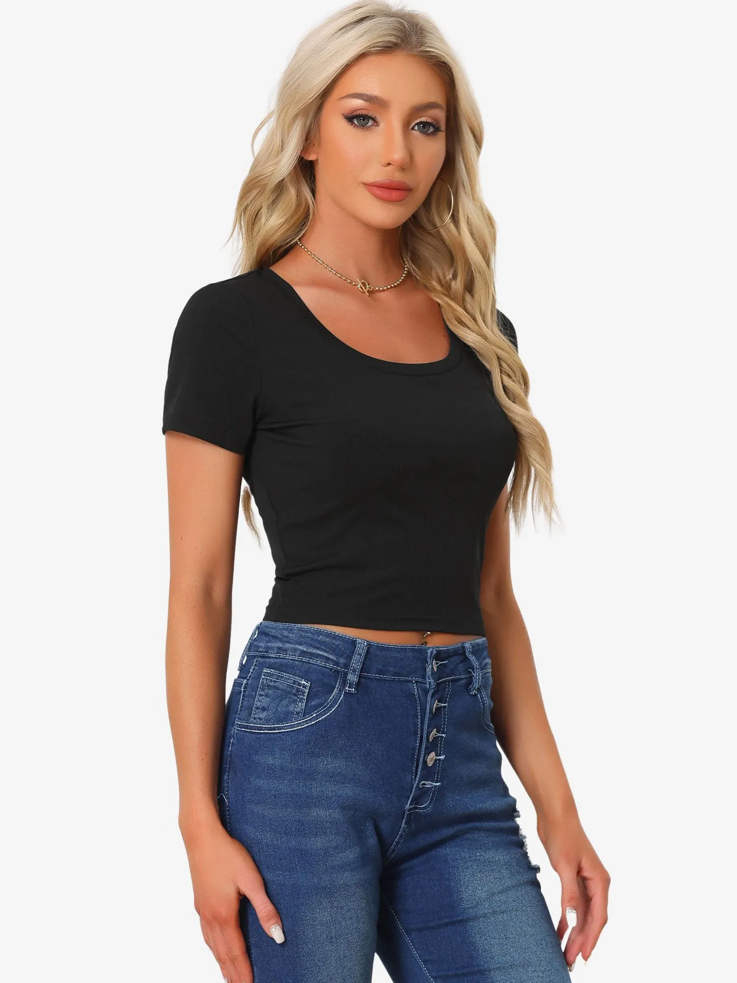 Basic Scoop Neck Short Sleeve Knit T-Shirt Crop Tops sold by Allegra K