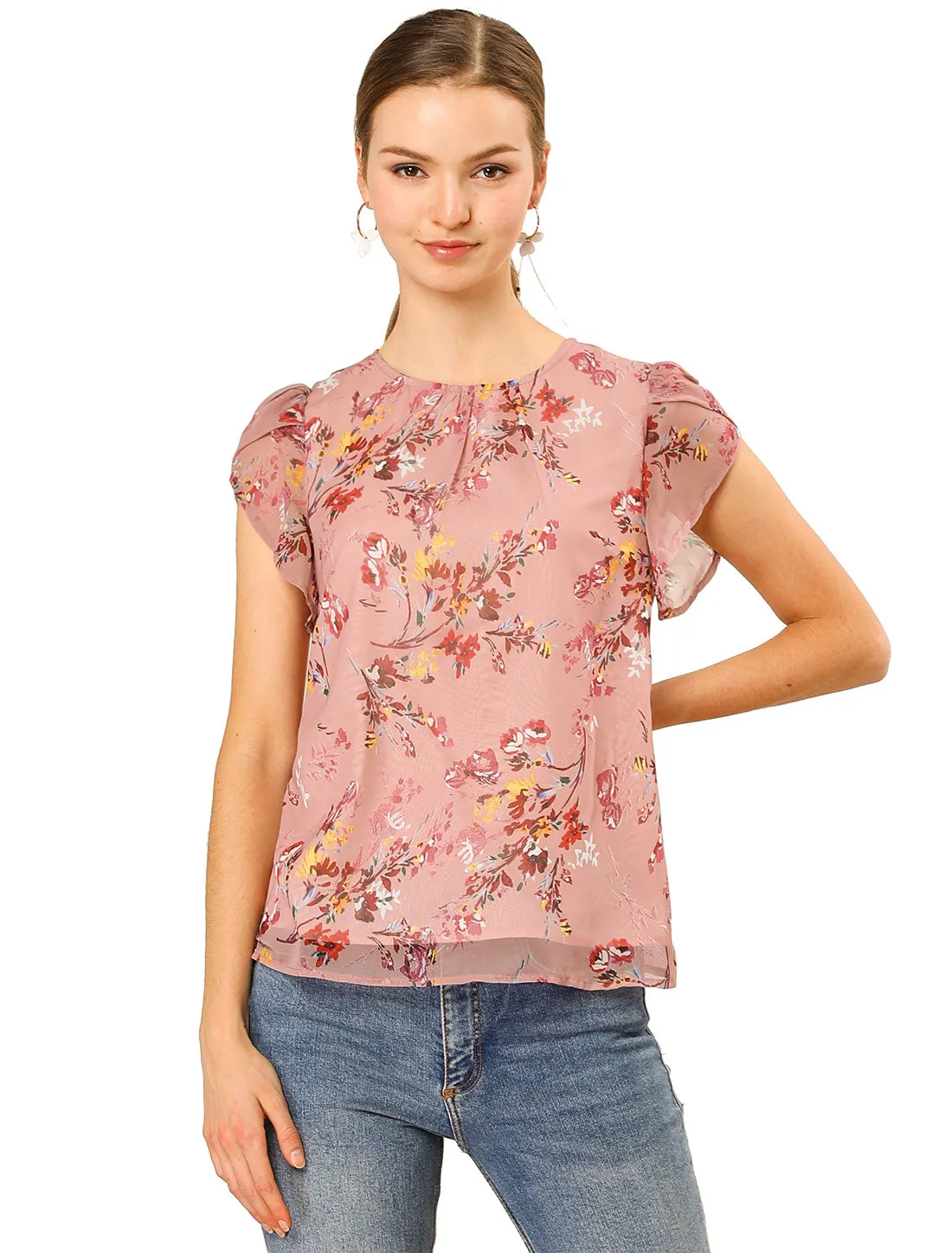 Elegant Top Shirt Short Sleeve Floral Chiffon Blouse sold by Allegra K product image thumbnail 2