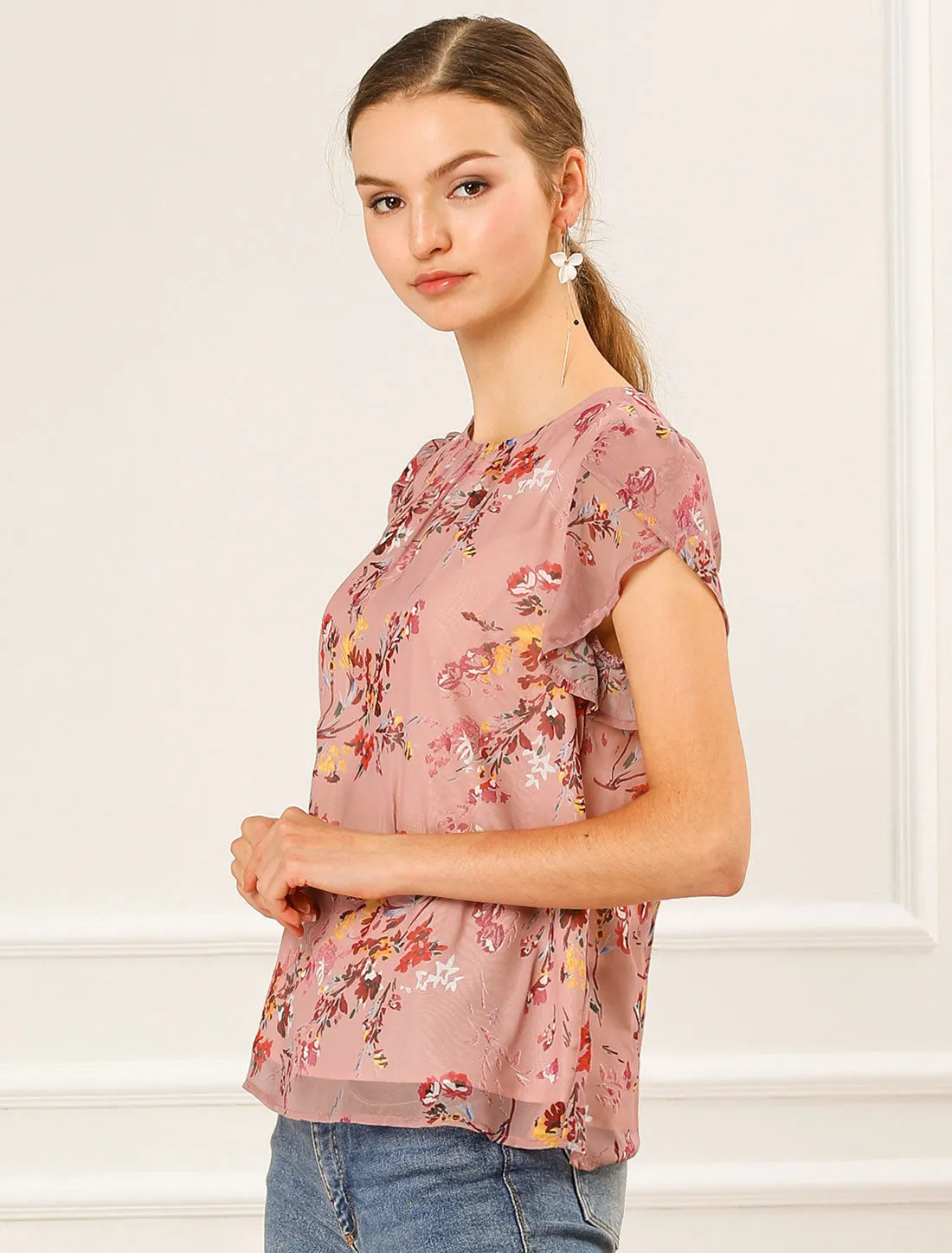 Elegant Top Shirt Short Sleeve Floral Chiffon Blouse sold by Allegra K product image thumbnail 4