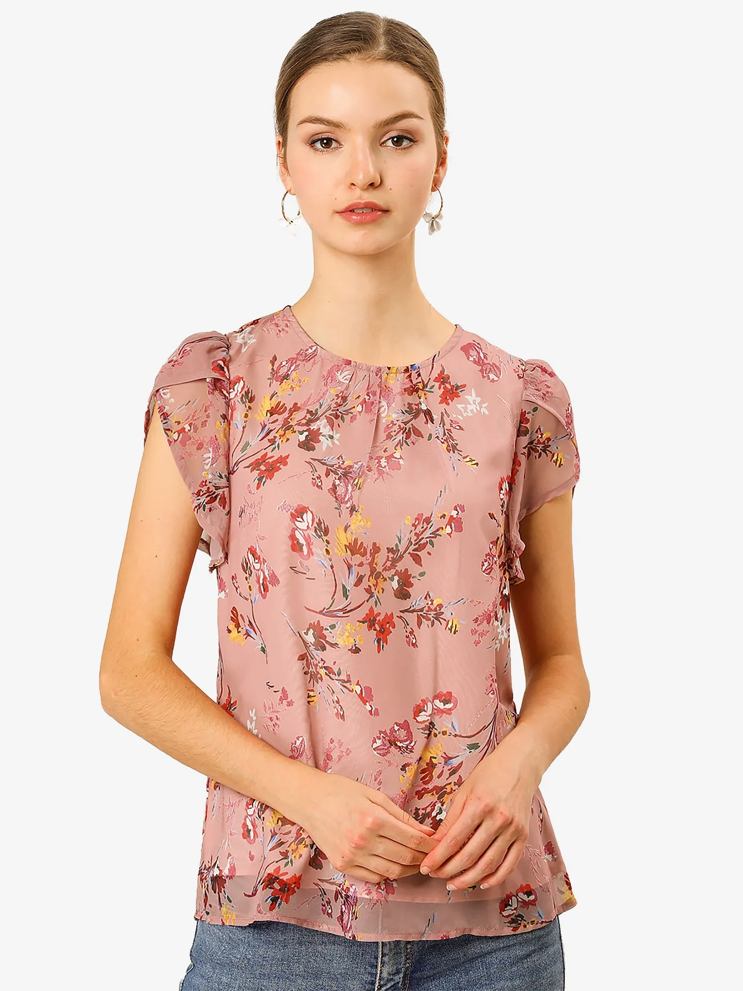 Elegant Top Shirt Short Sleeve Floral Chiffon Blouse sold by Allegra K