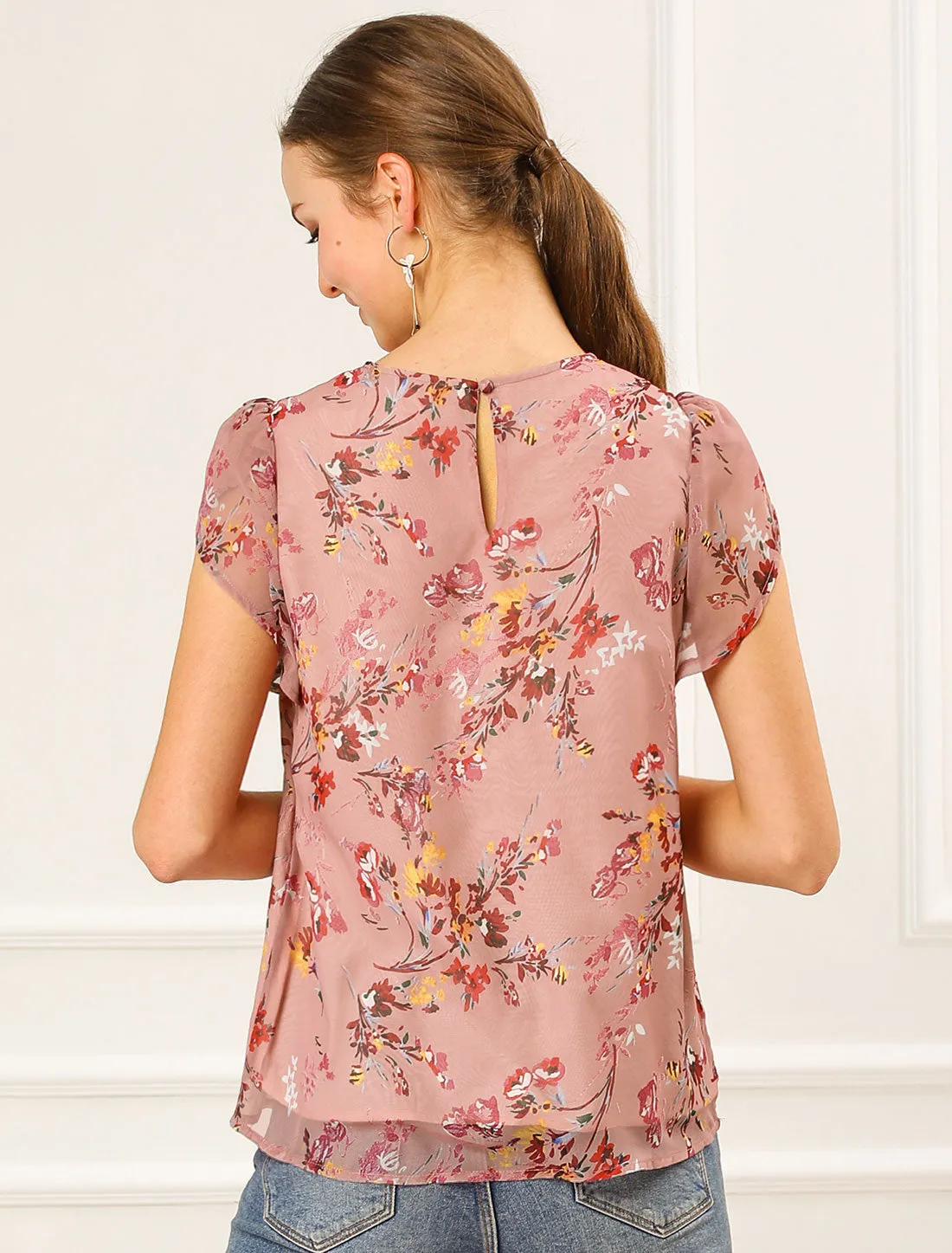Elegant Top Shirt Short Sleeve Floral Chiffon Blouse sold by Allegra K product image thumbnail 5