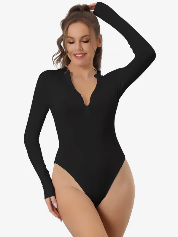 Casual Long Sleeve Solid Zip Front Bodysuit sold by Allegra K