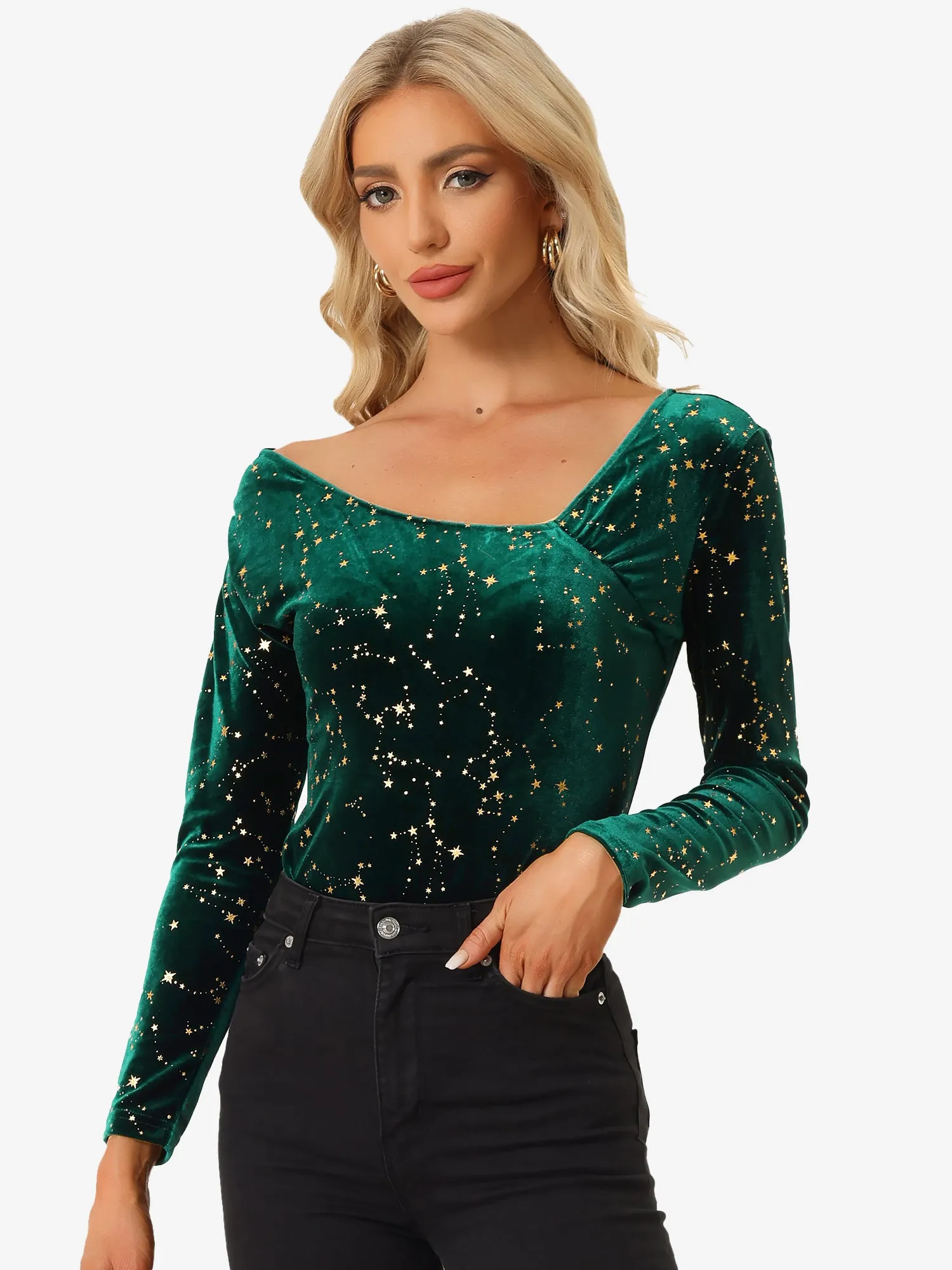 Velvet Stars Top Long Sleeve Off Shoulder Sexy Party Shirt sold by Allegra K