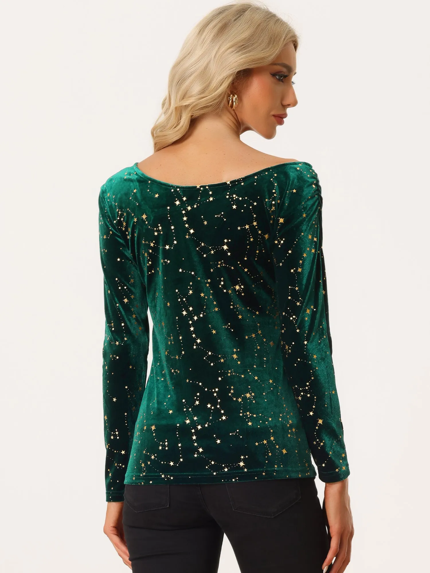 Velvet Stars Top Long Sleeve Off Shoulder Sexy Party Shirt sold by Allegra K product image thumbnail 3