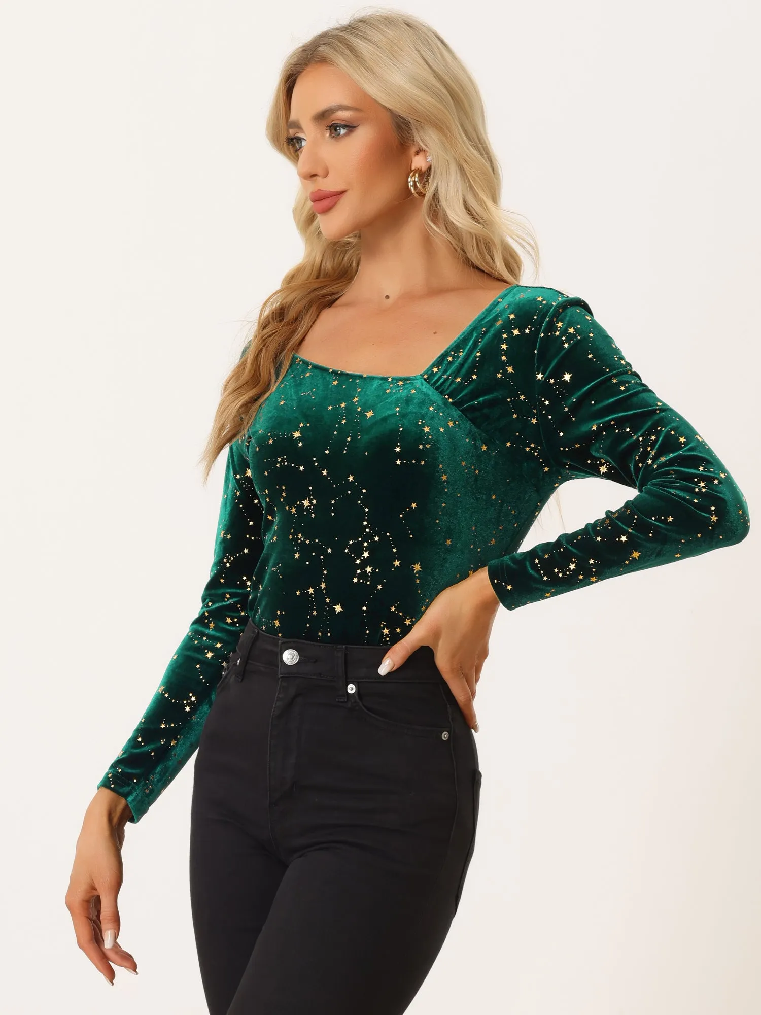 Velvet Stars Top Long Sleeve Off Shoulder Sexy Party Shirt sold by Allegra K product image thumbnail 4