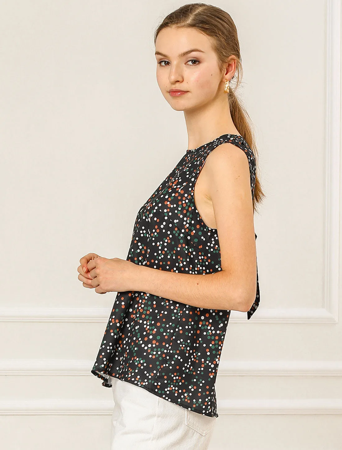 Casual Crew Neck Sleeveless Bow Back Polka Dot Blouse sold by Allegra K product image thumbnail 4