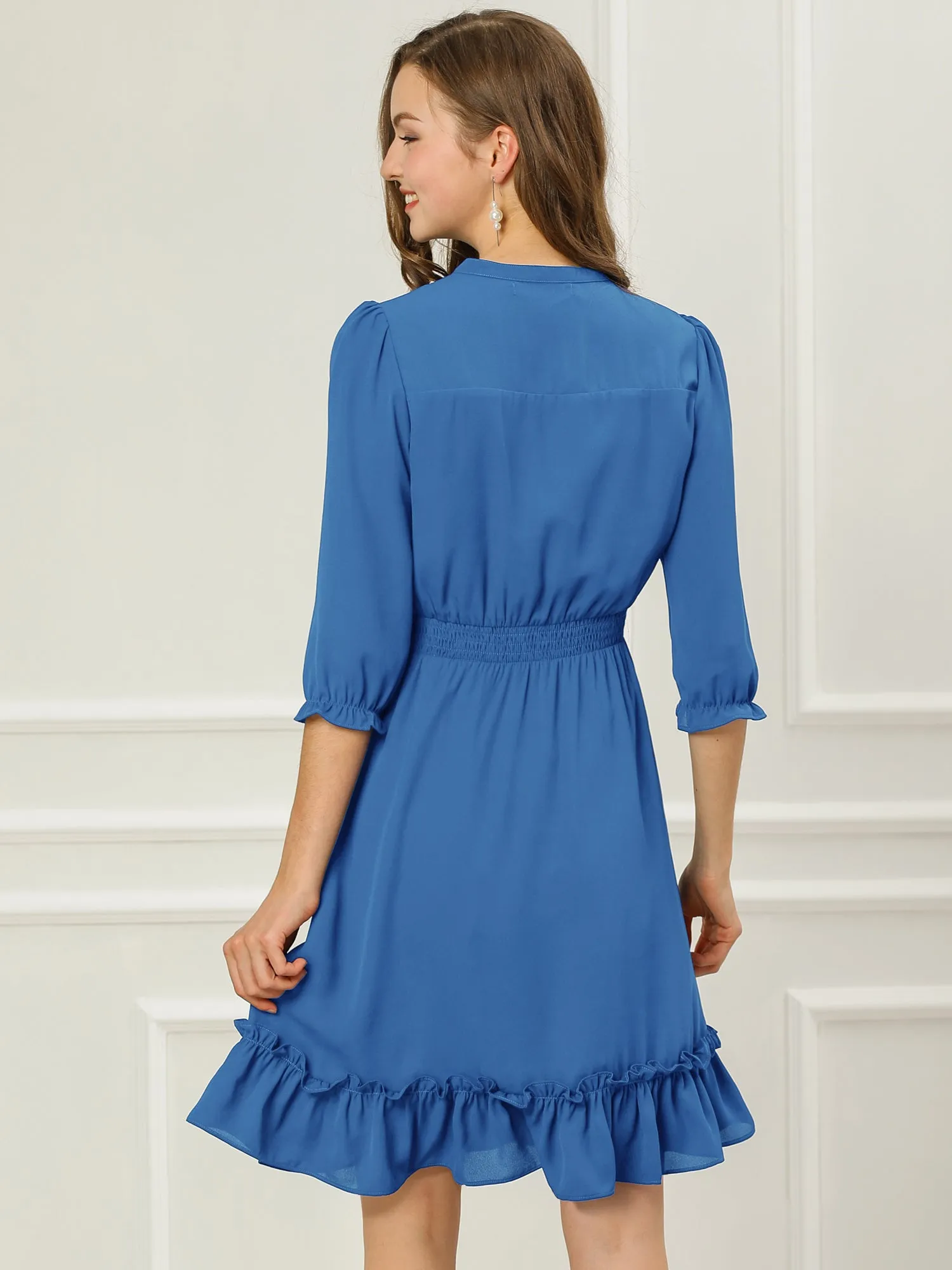 Ruffle Hem 3/4 Sleeve A-Line Smocked Short Chiffon Dress sold by Allegra K product image thumbnail 4