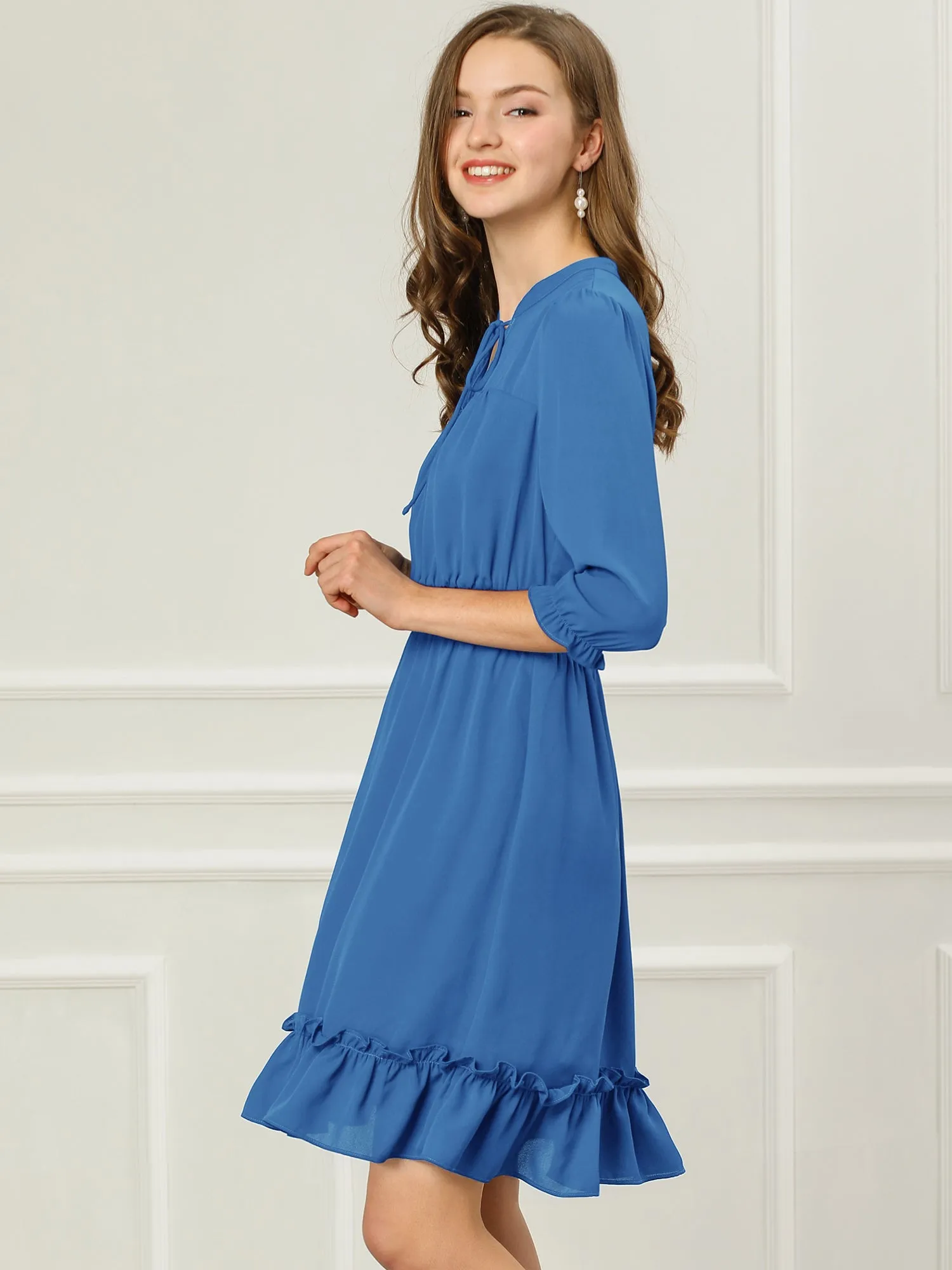 Ruffle Hem 3/4 Sleeve A-Line Smocked Short Chiffon Dress sold by Allegra K product image thumbnail 3