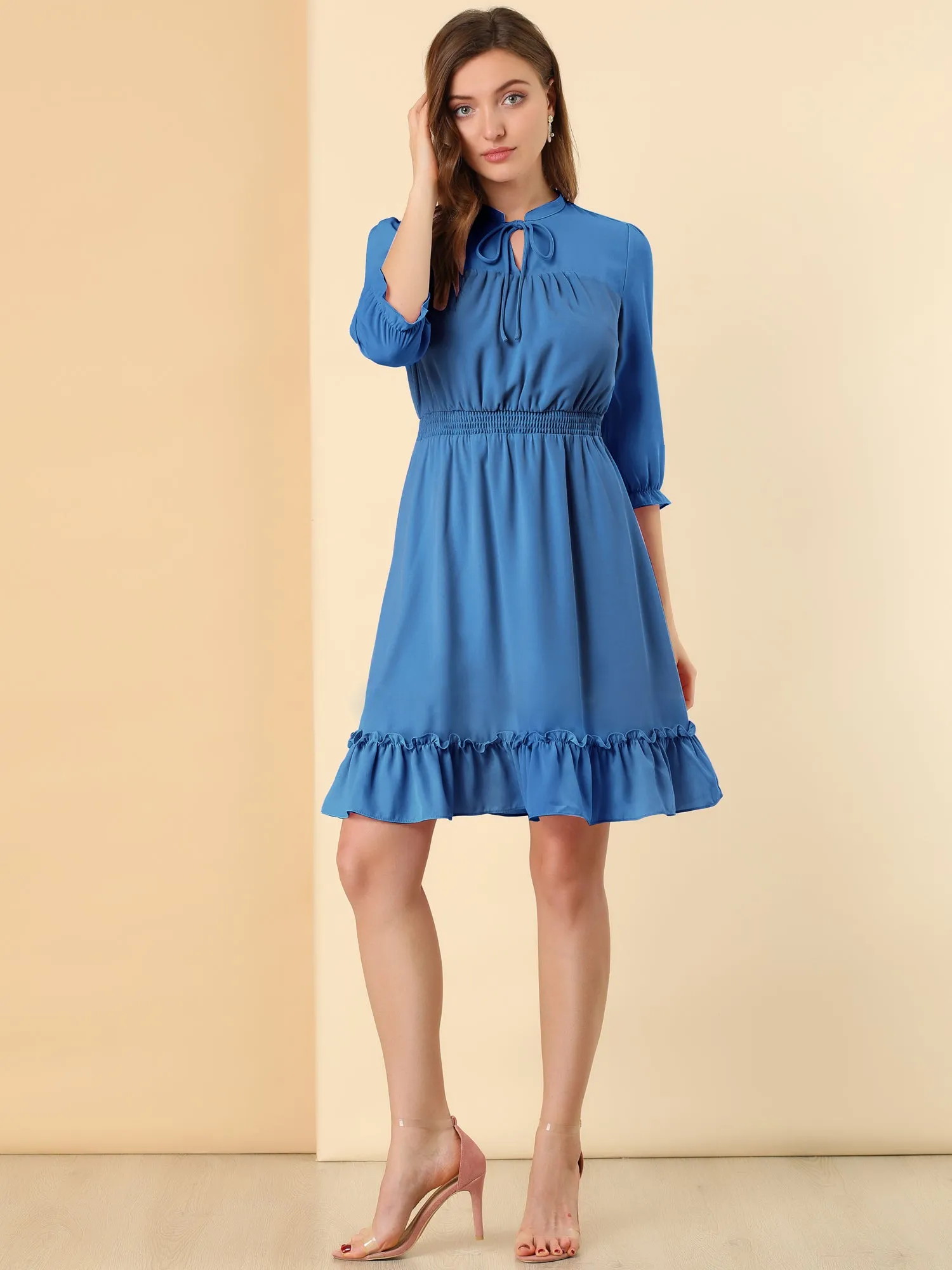 Ruffle Hem 3/4 Sleeve A-Line Smocked Short Chiffon Dress sold by Allegra K product image thumbnail 2